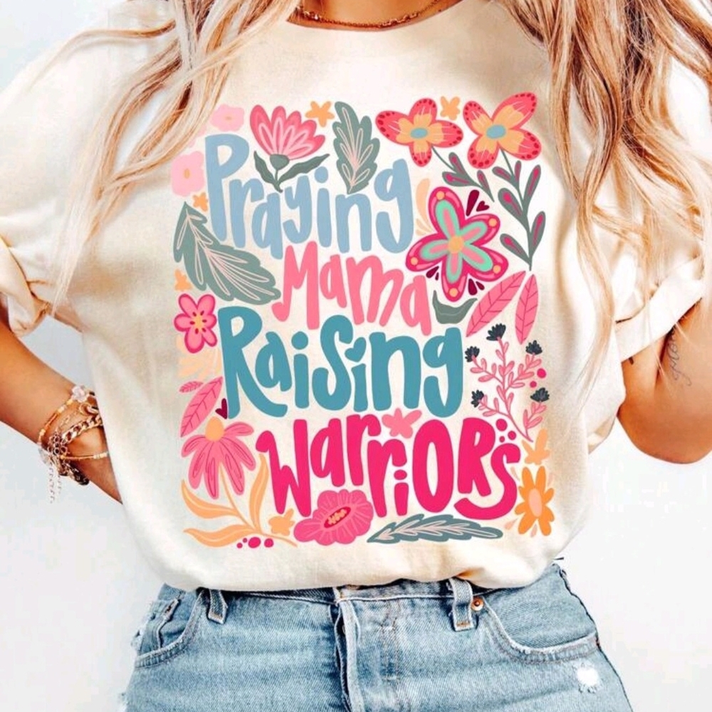 Cream Tee with Colorful Floral and Text Design